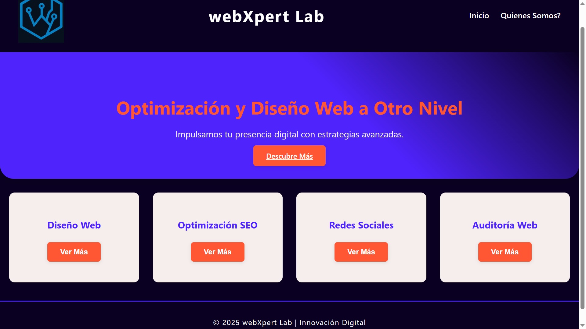 Captura de pantalla de la Landing para WebXpert